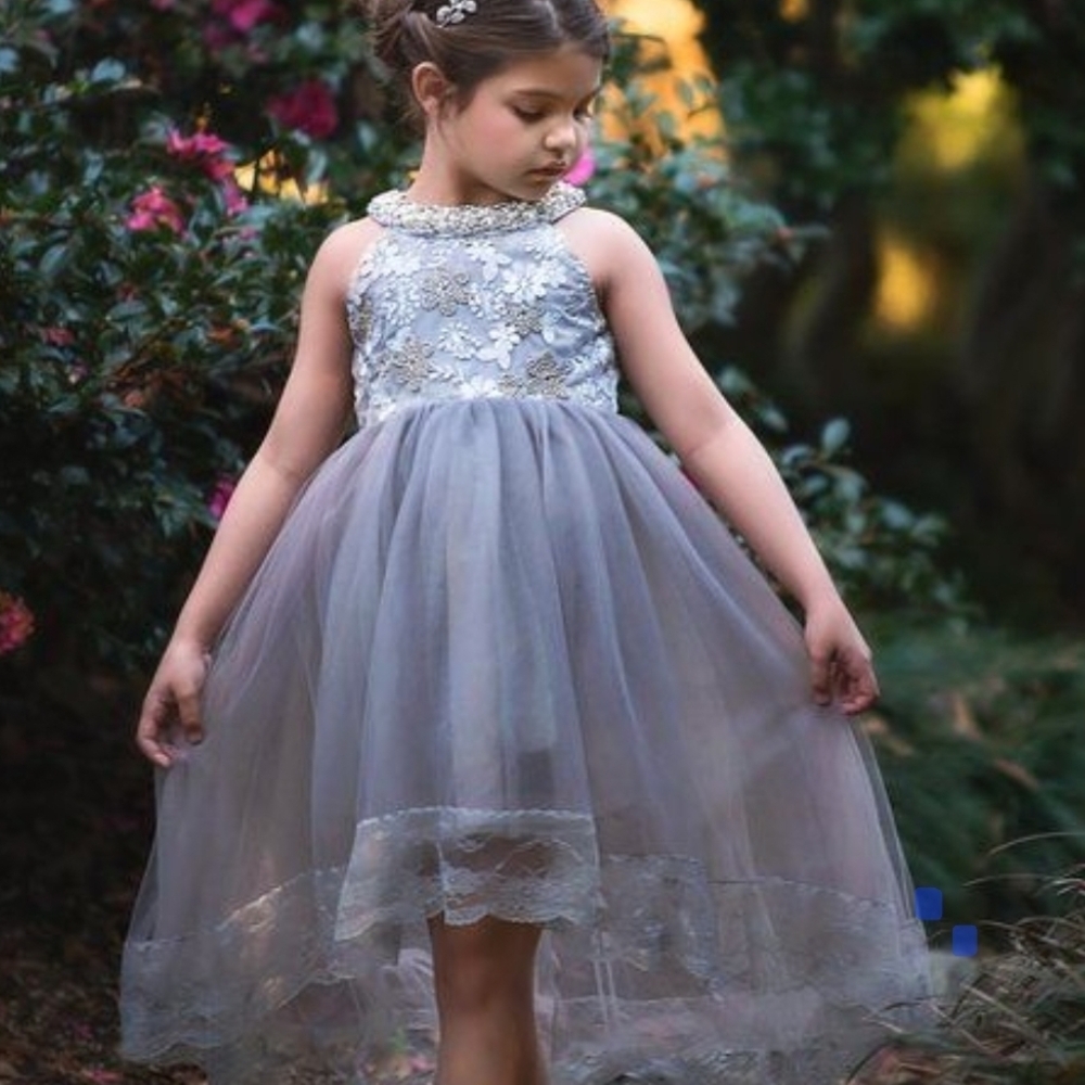 Elegant Gray Floral Kids Dress